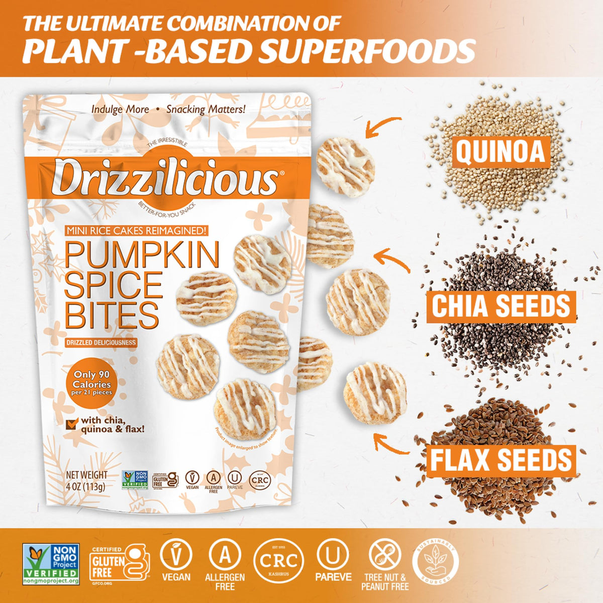 Drizzilicious Mini Flavored Rice Cakes - Rice Crisps, Healthy Snack for Adults and Kids, Vegan, Gluten Free Snack, Only 90 Calories Per 21 Pieces - Pumpkin Spice - 4 oz (Pack of 2)