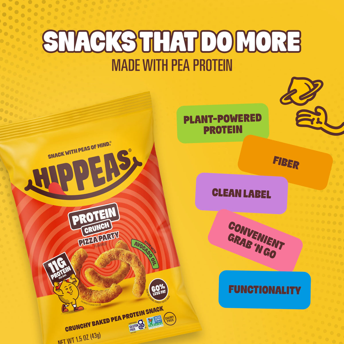 Hippeas Pizza Party Protein Puffs, 8 x 1.5 Oz Bags, Baked Crunchy Pea Puffs with 11g Plant Protein & Avocado Oil, Non-GMO, Kosher, Dairy & Gluten Free, Vegan Snacks, Savory Pizza Flavor