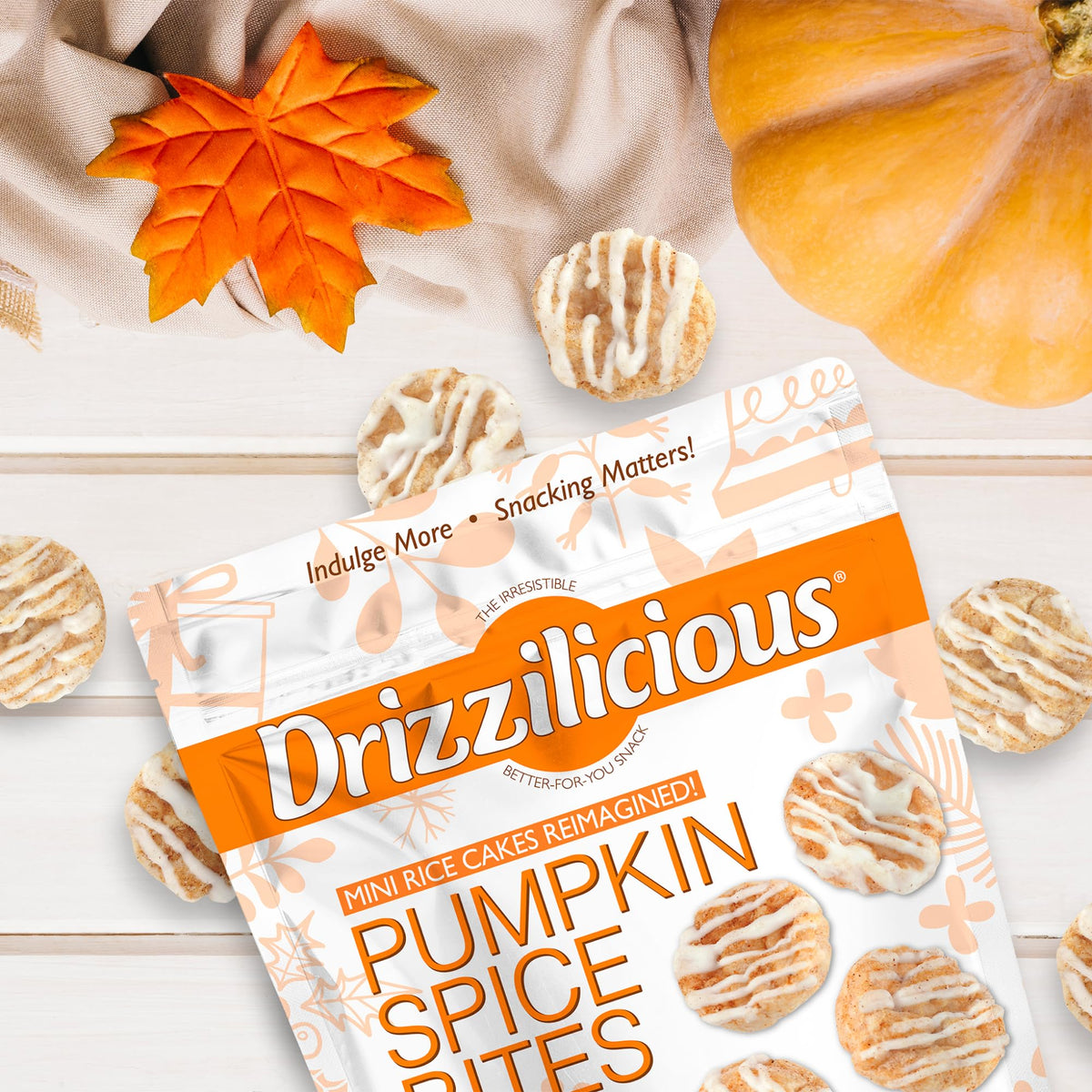 Drizzilicious Mini Flavored Rice Cakes - Rice Crisps, Healthy Snack for Adults and Kids, Vegan, Gluten Free Snack, Only 90 Calories Per 21 Pieces - Pumpkin Spice - 4 oz (Pack of 2)