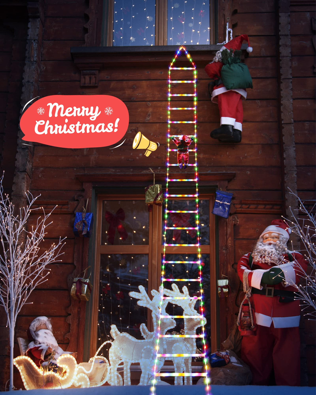 Toodour LED Christmas Lights - 10ft Christmas Decorative Ladder Lights with Santa Claus, Christmas Decorations Lights for Indoor Outdoor, Window, Garden, Home, Wall, Xmas Tree Decor (Multicolor)