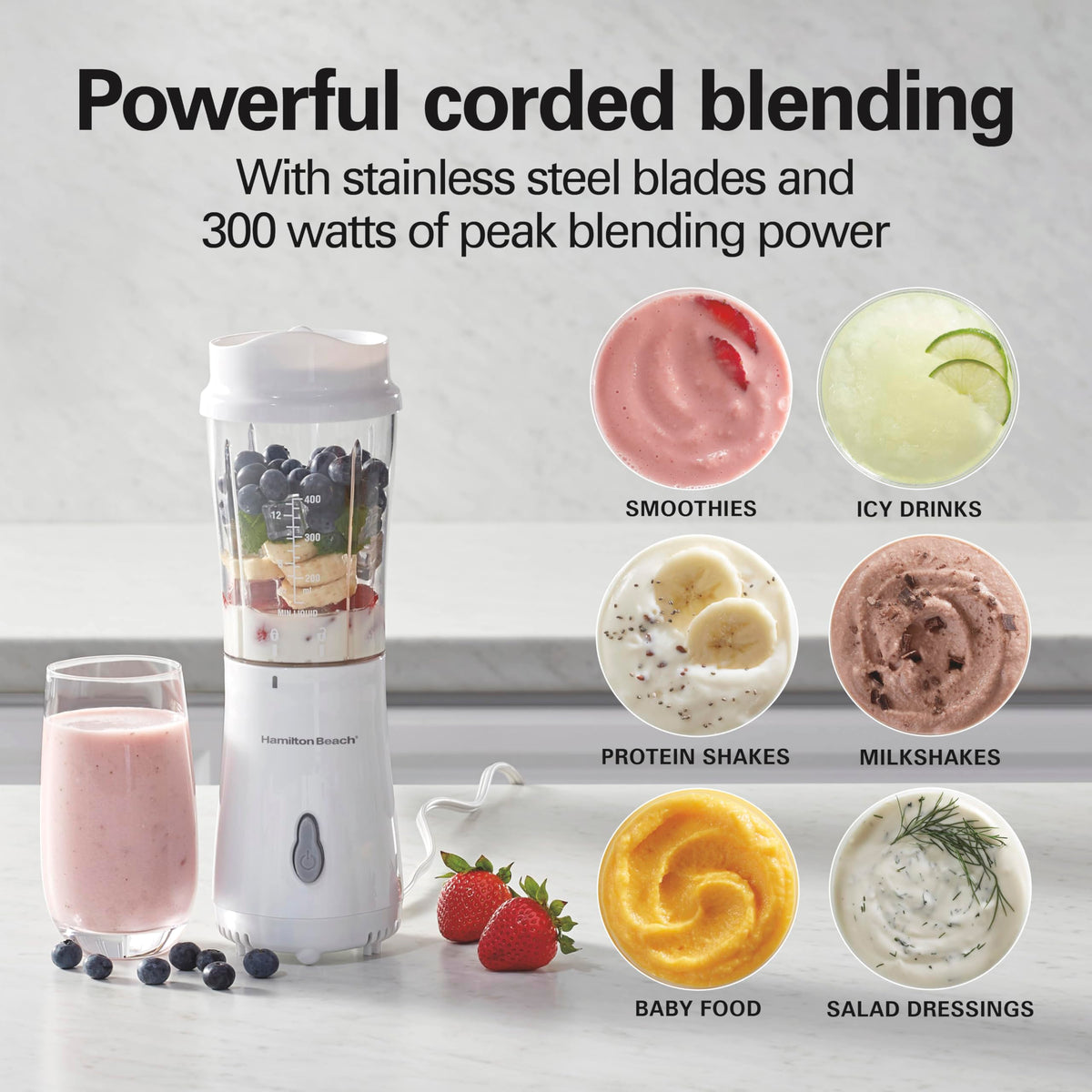 Hamilton Beach Portable Blender for Shakes and Smoothies, 14 Oz BPA Free Travel Cup & Lid, Durable Stainless Steel Blades, Personal Smoothie Blender, 2 Jars - White (51102V)