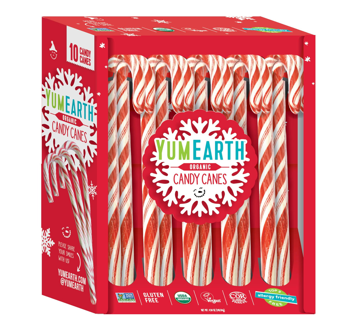 YumEarth Organic Candy Canes - Individually Wrapped Full Size Peppermint Candy Canes - Allergy Friendly, Non GMO, Gluten Free, Vegan - 10 Count (Pack of 1)
