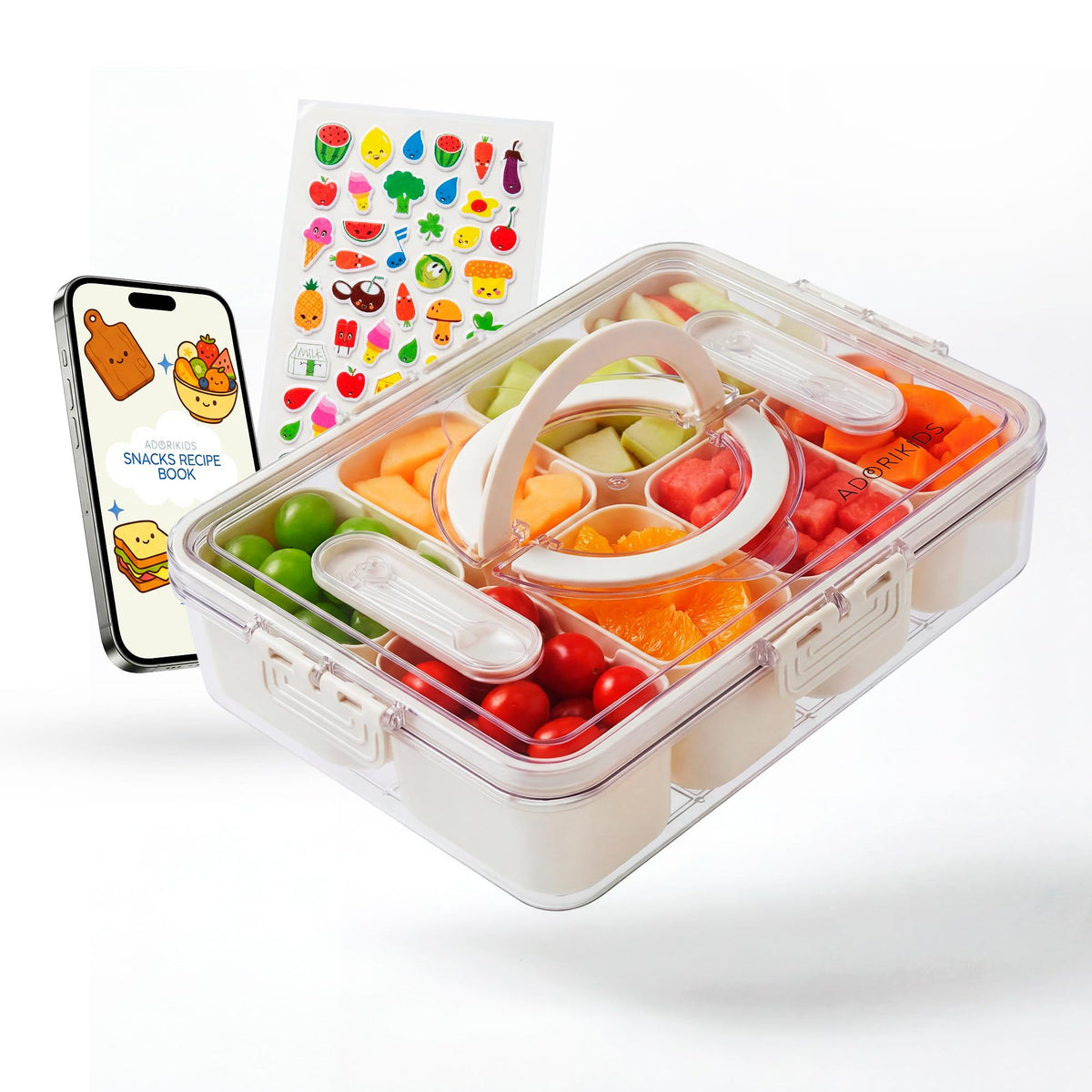 ADORIKIDS Travel Snack Container for Kids – Snackle Box with 8 Removable Compartments, Utensils and Recipe QR – Snack Box for Road Trips, Beach, Picnic and School Lunch