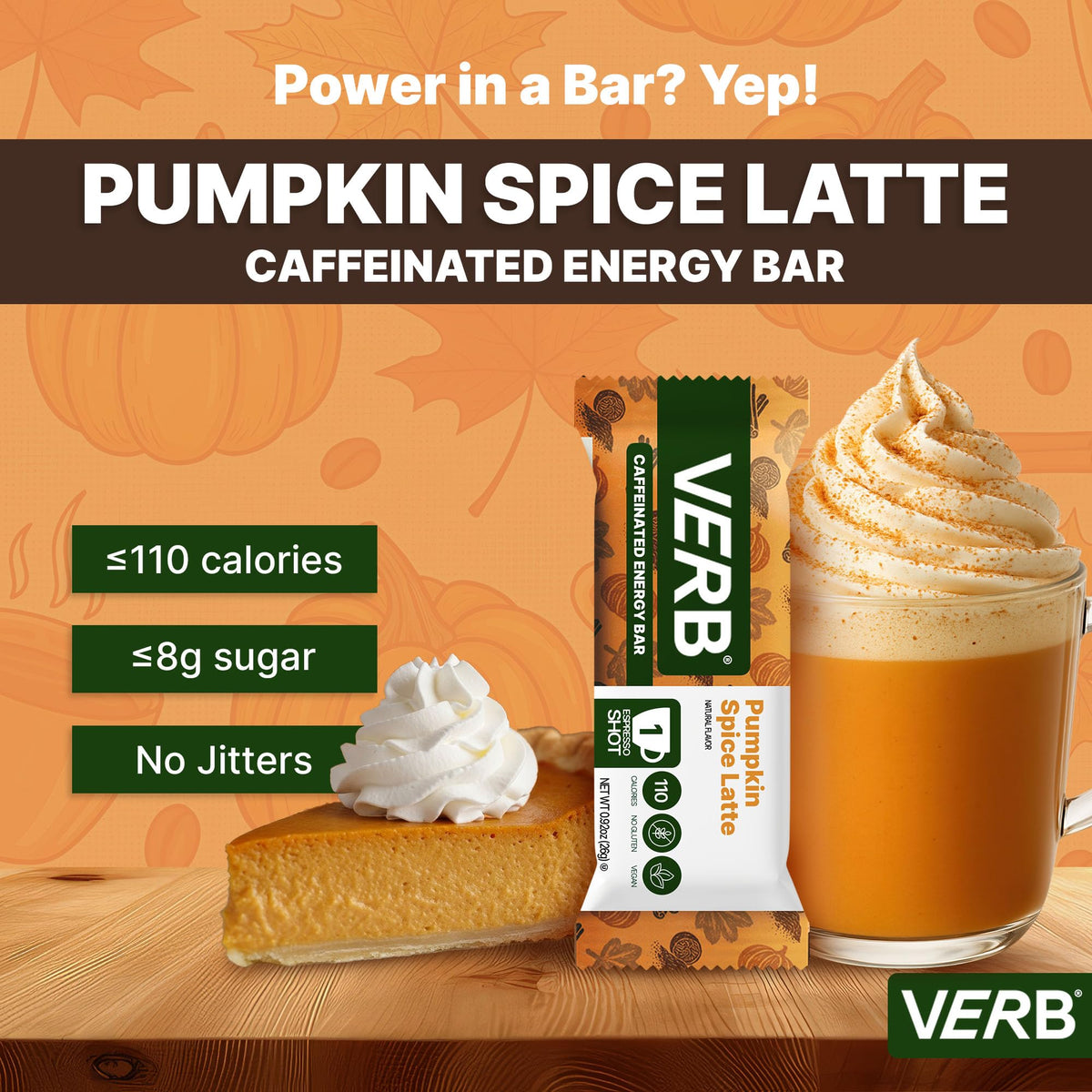 Verb Caffeinated Energy Bars Pumpkin Spice Latte (26g, Pack of 16) 110-Calorie Delicious Low Sugar Energy Bar - Gluten Free On-the Go Snack with 80mg Green Tea Caffeine, Only Real-Food Ingredients