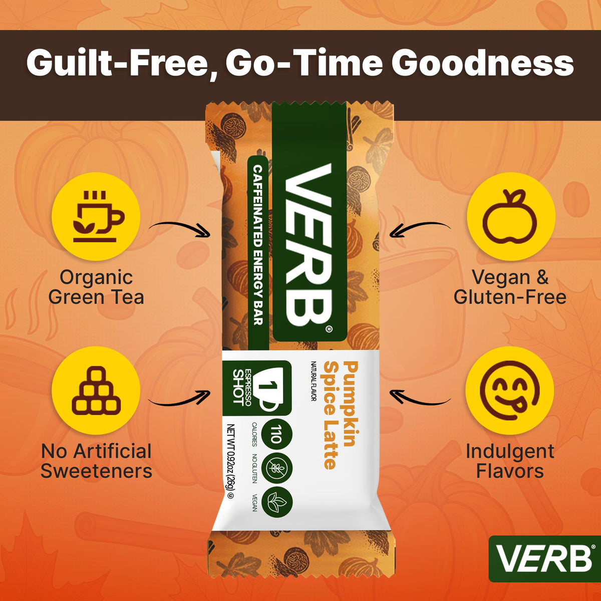 Verb Caffeinated Energy Bars Pumpkin Spice Latte (26g, Pack of 16) 110-Calorie Delicious Low Sugar Energy Bar - Gluten Free On-the Go Snack with 80mg Green Tea Caffeine, Only Real-Food Ingredients