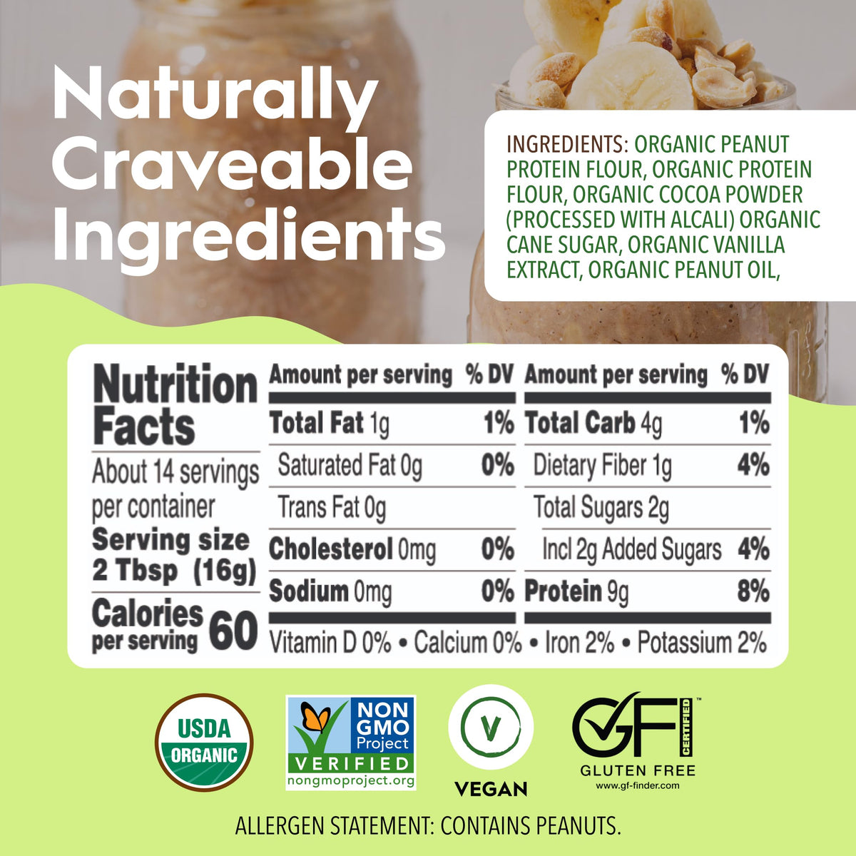 Once Again Chocolate Peanut Protein Powder - 9g Plant Protein, 2g Sugar - Organic Cocoa & Peanut Butter Powder - 60 Calories, Non-GMO, Vegan, Gluten-Free Certified - 8 Ounces