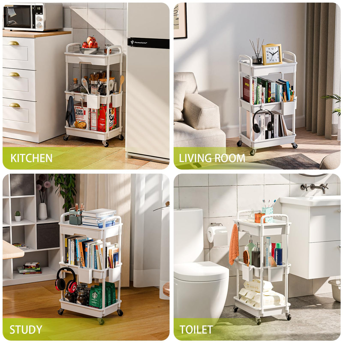 Sorgion 3 Tier Rolling Cart Organizer,Laundry Room Bathroom Organizers and Storage Office Shelves Mobile Shelving Unit Kitchen Trolley Cart with Wheels for Art,Craft,Diaper,Bedside,Snack(White)