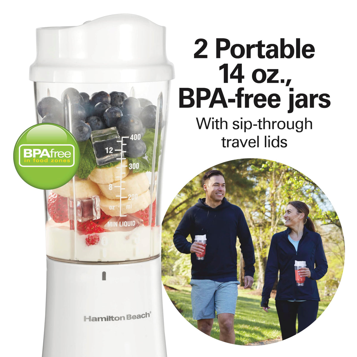 Hamilton Beach Portable Blender for Shakes and Smoothies, 14 Oz BPA Free Travel Cup & Lid, Durable Stainless Steel Blades, Personal Smoothie Blender, 2 Jars - White (51102V)