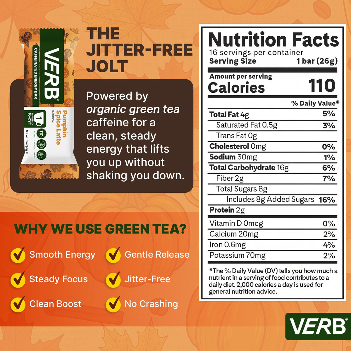 Verb Caffeinated Energy Bars Pumpkin Spice Latte (26g, Pack of 16) 110-Calorie Delicious Low Sugar Energy Bar - Gluten Free On-the Go Snack with 80mg Green Tea Caffeine, Only Real-Food Ingredients