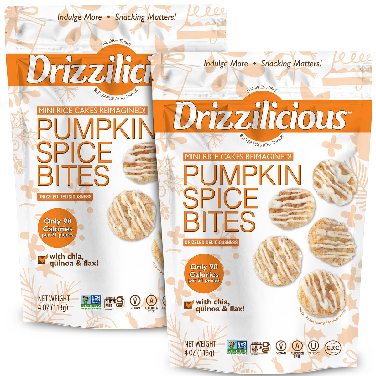 Drizzilicious Mini Flavored Rice Cakes - Rice Crisps, Healthy Snack for Adults and Kids, Vegan, Gluten Free Snack, Only 90 Calories Per 21 Pieces - Pumpkin Spice - 4 oz (Pack of 2)