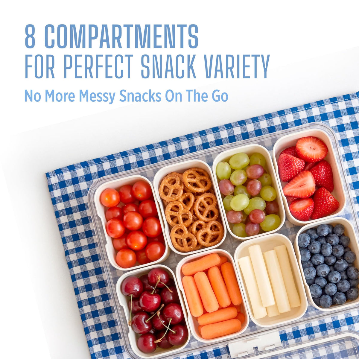 ADORIKIDS Travel Snack Container for Kids – Snackle Box with 8 Removable Compartments, Utensils and Recipe QR – Snack Box for Road Trips, Beach, Picnic and School Lunch