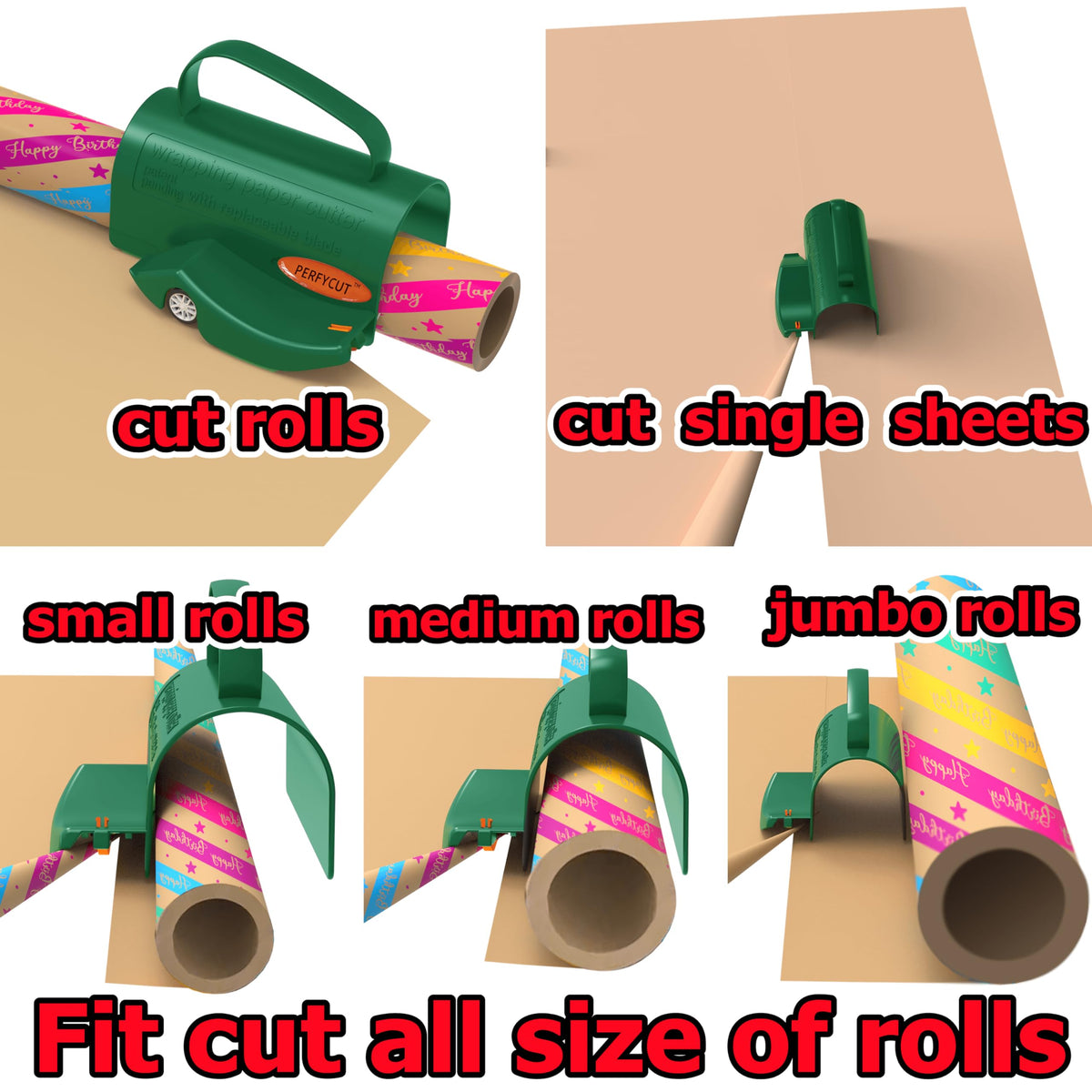 PERFYCUT Wrapping Paper Roll Cutter Tool with 3 pcs Replaceable Blade Kit Gift Wrapping Paper Cutter for Christmas and Birthday Wrapping Paper Gift Wrap Cutter Holder Tube Slicing Trimming.