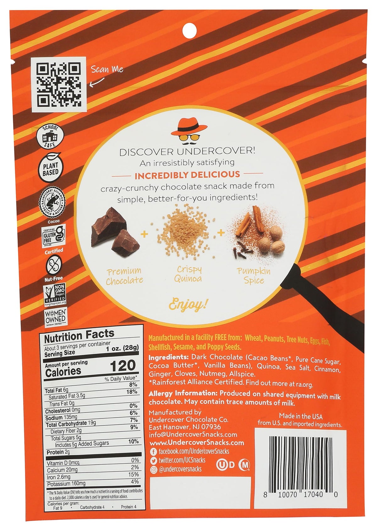 Undercover Chocolate Co, Crisps Quinoa Dark Chocolate Pumpkin Spice, 3 Ounce