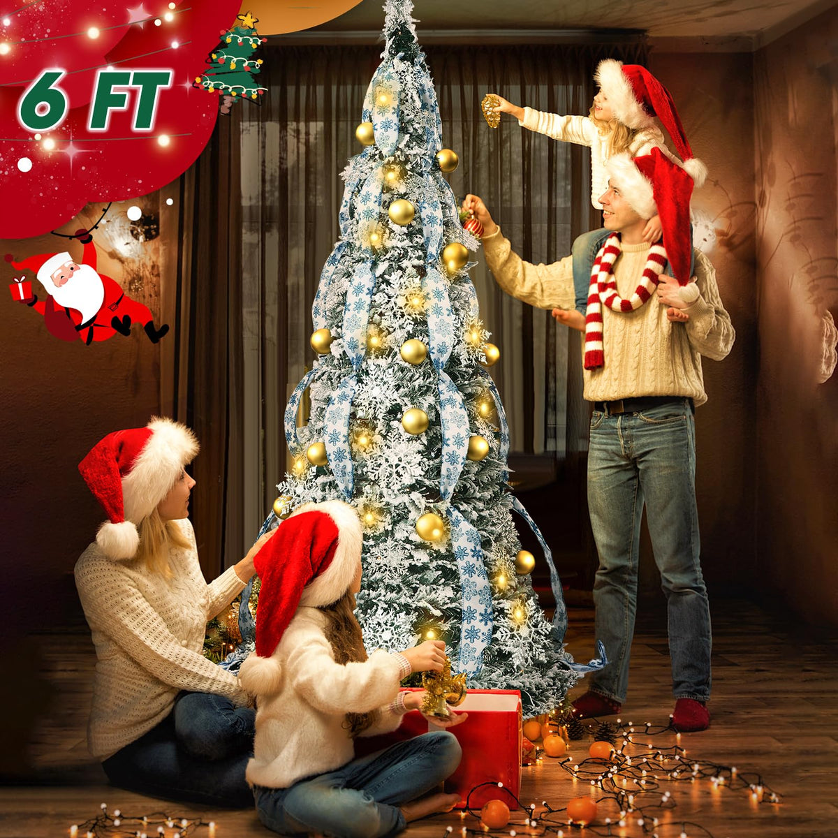6FT Pre lit Pop Up Christmas Tree with Lights, Pre-Decorated Artificial Tree Collapsible Christmas Tree Holiday Party Decorations (White)