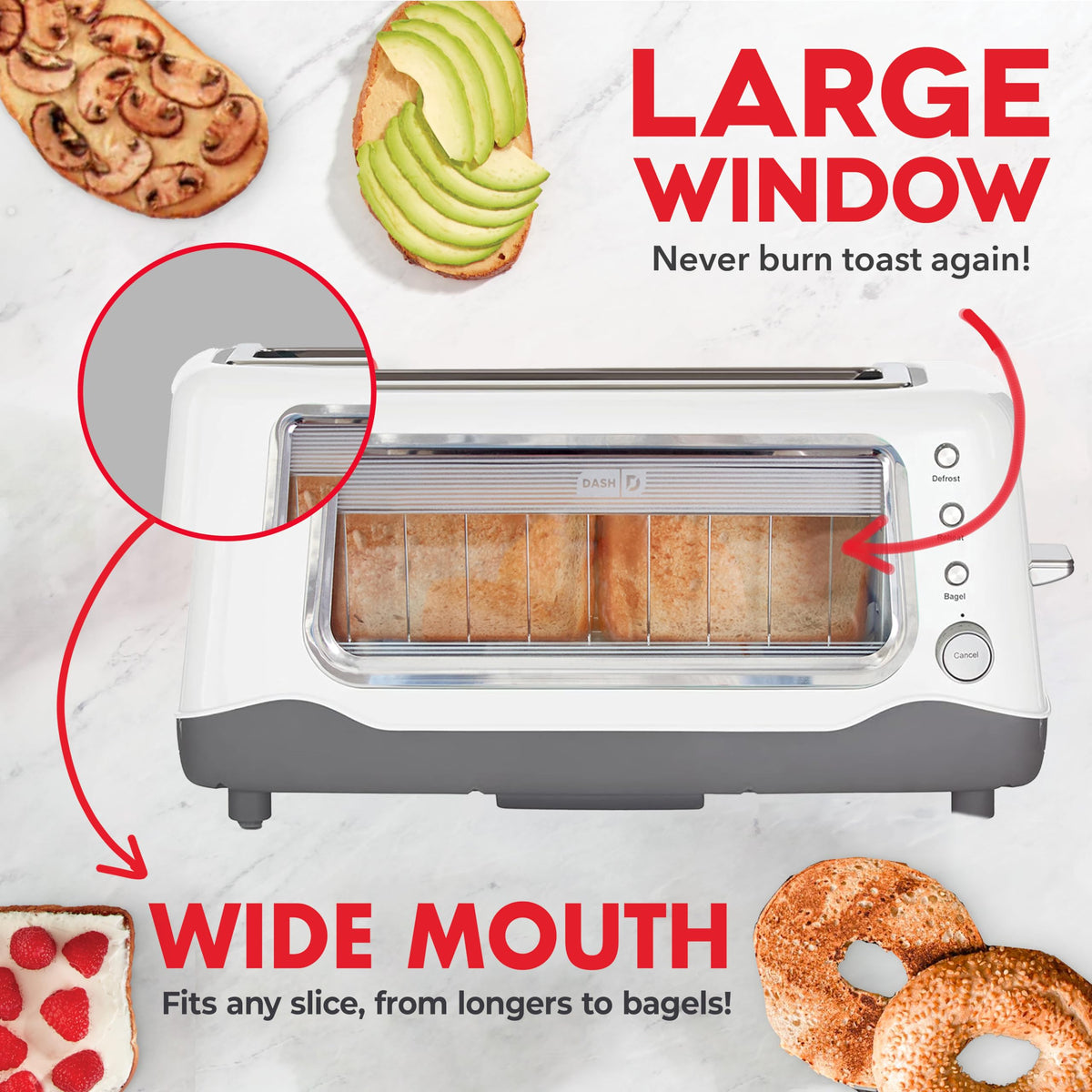 DASH Clear View Toaster - Compact Design with 7 Browning Levels &amp; Clear-View Window, Extra-Wide Slot Large Toaster, 1-Touch Defrost, Reheat &amp; Bagel Functions - Easy Clean Up Crumb Tray (White)
