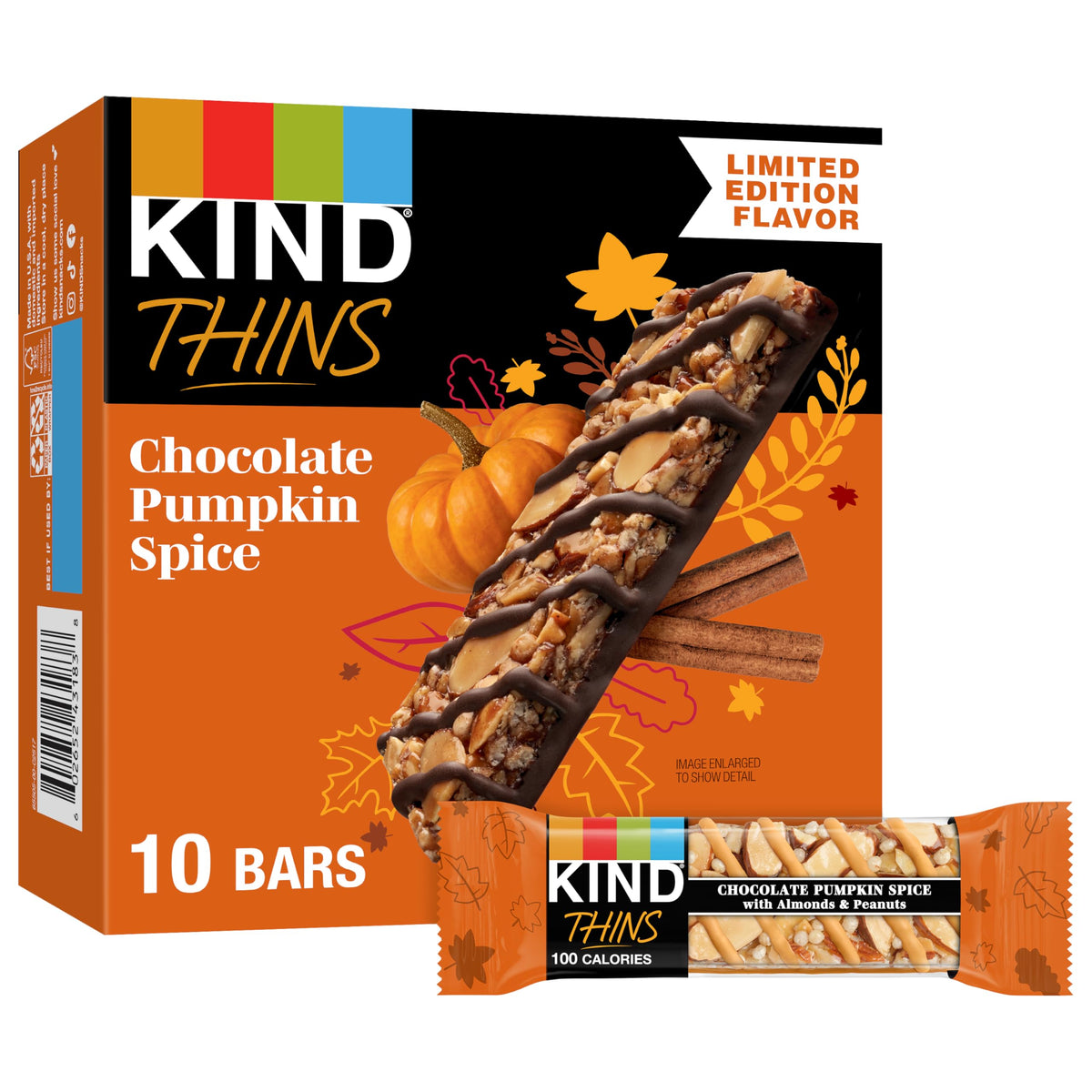 KIND Thins Snack Bars, Chocolate Pumpkin Spice, Gluten Free, Low Calorie, Healthy Snacks, 4g Sugar, 10 Count