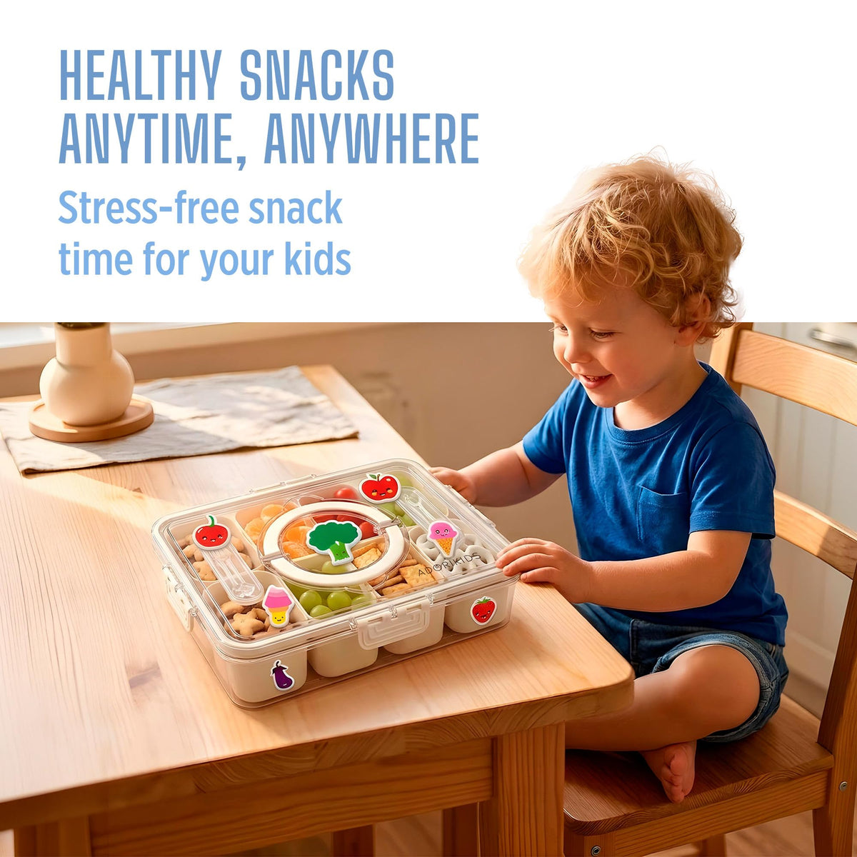 ADORIKIDS Travel Snack Container for Kids – Snackle Box with 8 Removable Compartments, Utensils and Recipe QR – Snack Box for Road Trips, Beach, Picnic and School Lunch