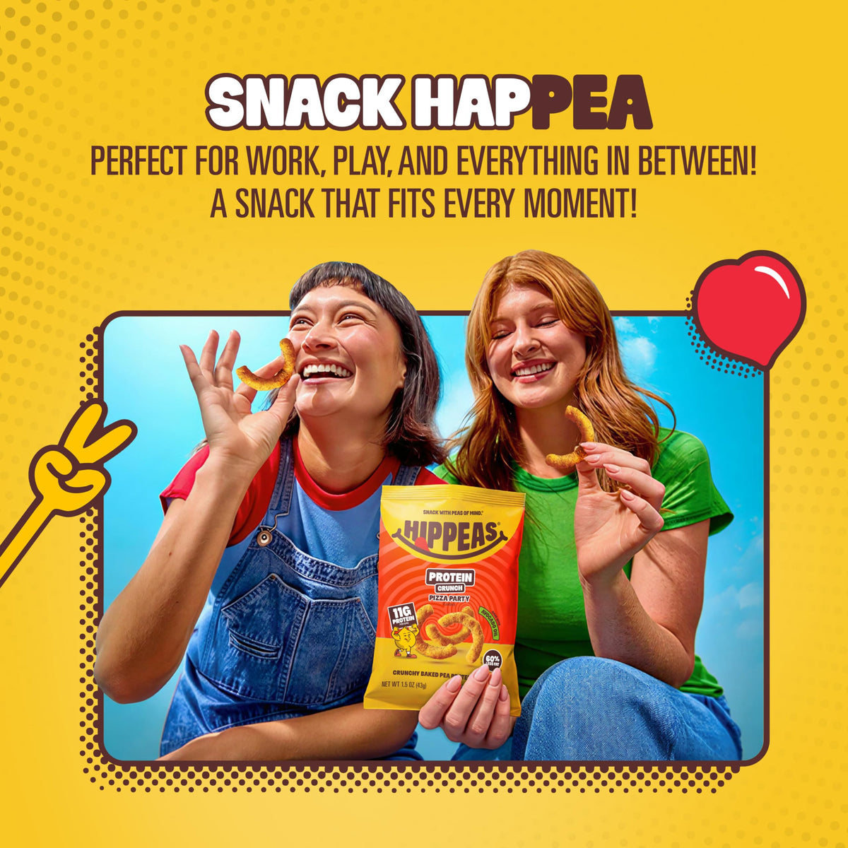 Hippeas Pizza Party Protein Puffs, 8 x 1.5 Oz Bags, Baked Crunchy Pea Puffs with 11g Plant Protein & Avocado Oil, Non-GMO, Kosher, Dairy & Gluten Free, Vegan Snacks, Savory Pizza Flavor