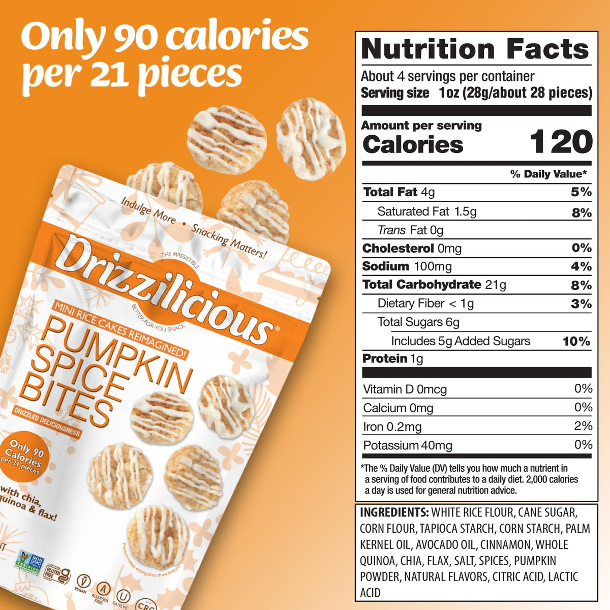 Drizzilicious Mini Flavored Rice Cakes - Rice Crisps, Healthy Snack for Adults and Kids, Vegan, Gluten Free Snack, Only 90 Calories Per 21 Pieces - Pumpkin Spice - 4 oz (Pack of 2)