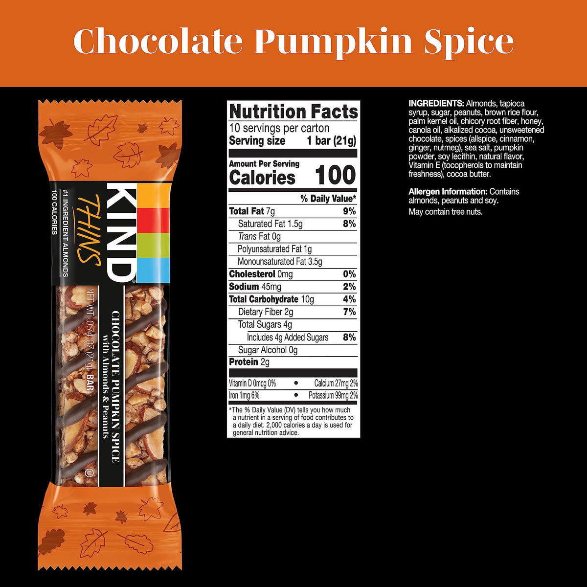 KIND Thins Snack Bars, Chocolate Pumpkin Spice, Gluten Free, Low Calorie, Healthy Snacks, 4g Sugar, 10 Count