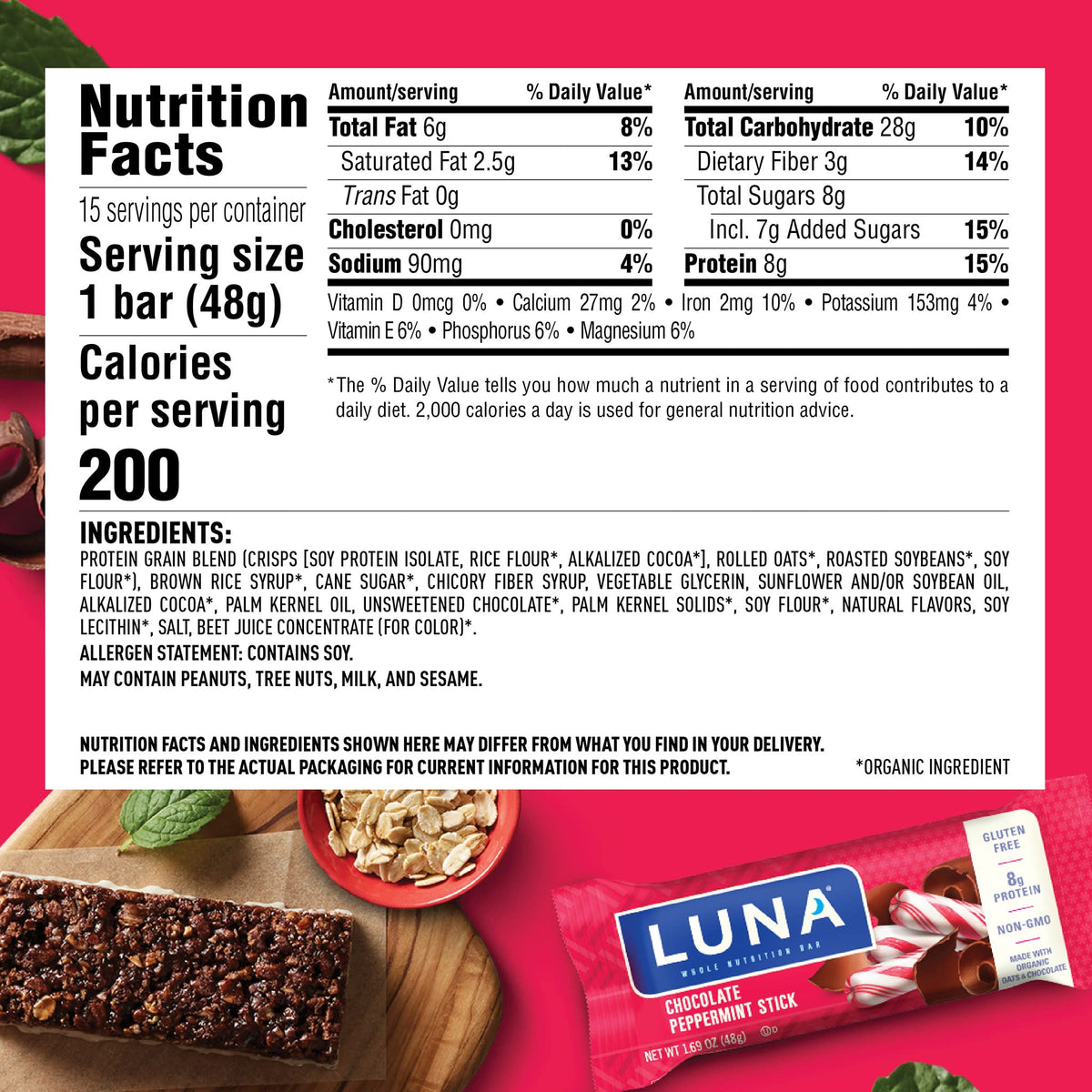 LUNA BAR - Gluten Free Snack Bars - Chocolate Peppermint Stick -8g of protein - Non-GMO - Plant-Based Wholesome Snacking - On the Go Snacks (1.69 Ounce Snack Bars, 15 Count)