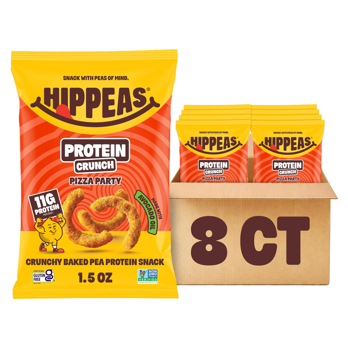 Hippeas Pizza Party Protein Puffs, 8 x 1.5 Oz Bags, Baked Crunchy Pea Puffs with 11g Plant Protein & Avocado Oil, Non-GMO, Kosher, Dairy & Gluten Free, Vegan Snacks, Savory Pizza Flavor