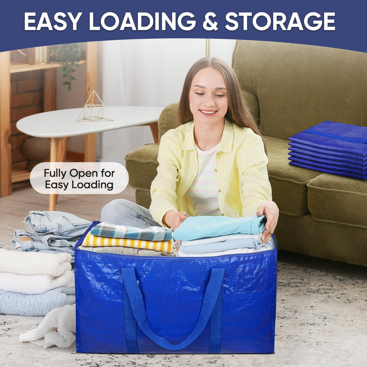 TICONN 6 Pack Extra Large Moving Bags with Zippers &amp; Carrying Handles, Heavy-Duty Storage Tote Moving Boxes for Space Saving