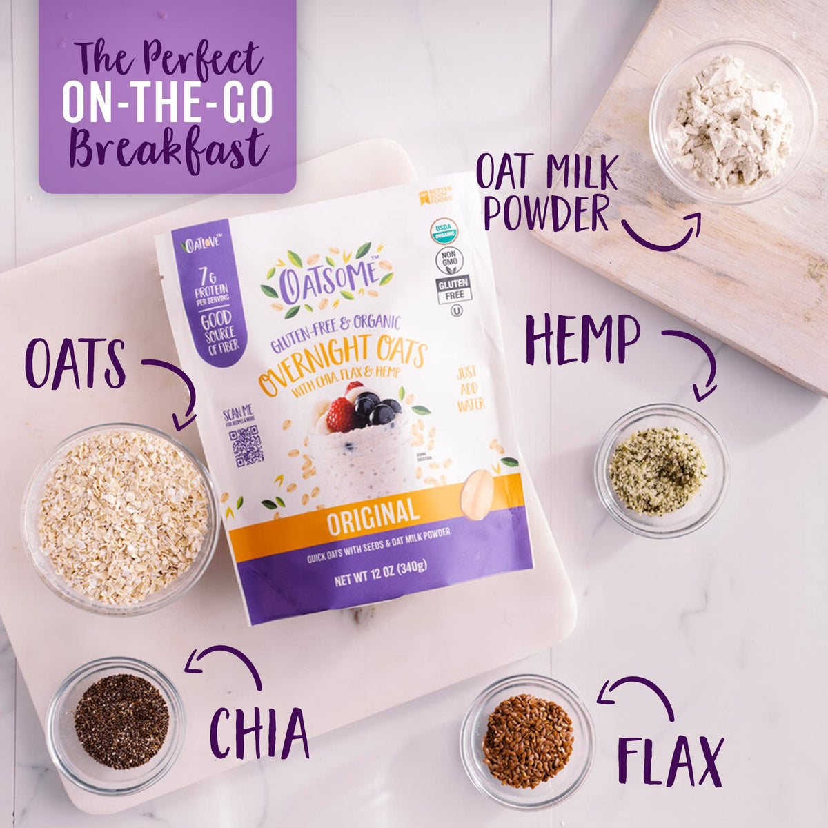 Oatsome Organic Overnight Oats with Chia, Flax, &amp; Hemp, Gluten-Free Oatmeal with 7g of Protein, 12oz Bag