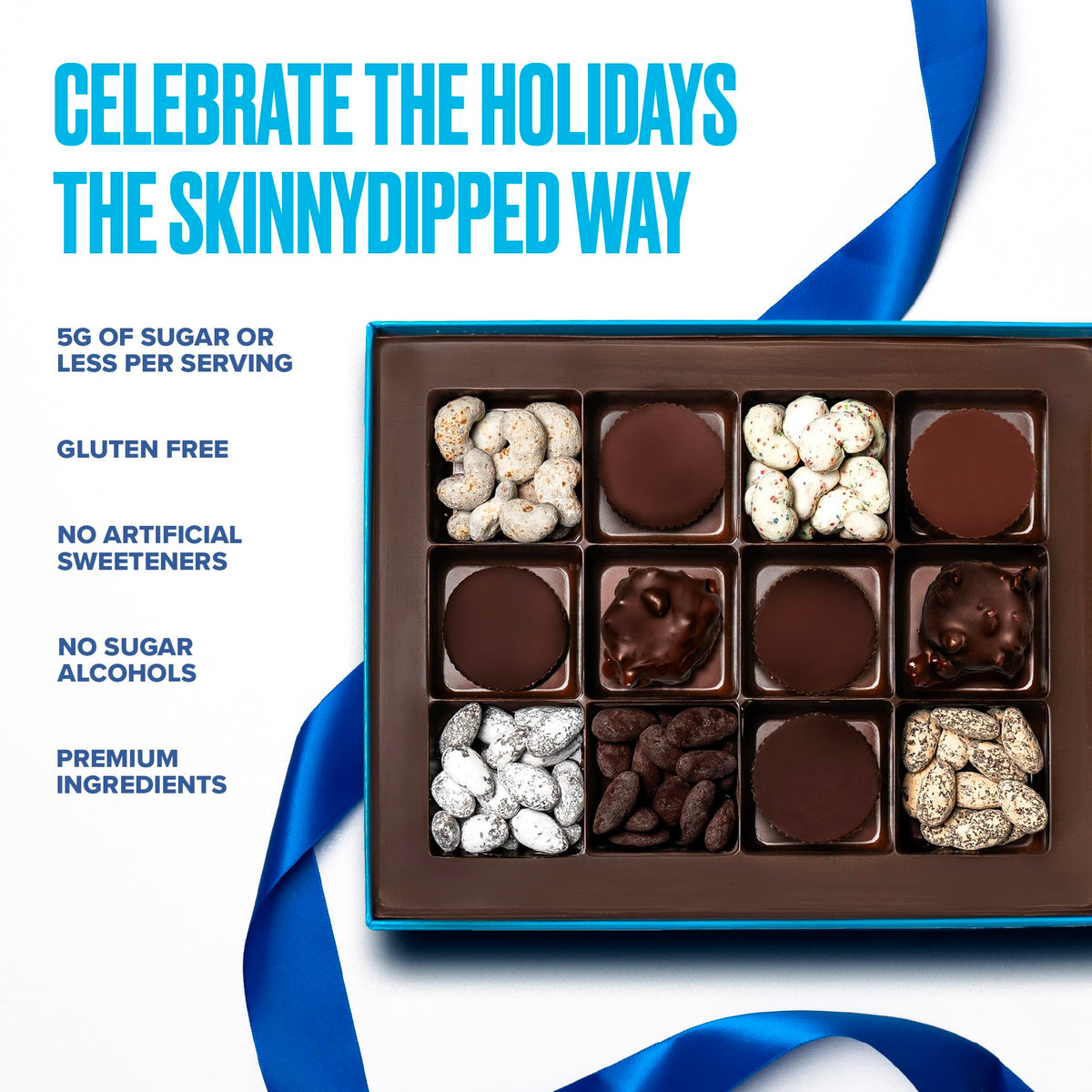 SkinnyDipped Cups & Bites | Low Sugar, Low Carb, Keto Friendly & Gluten Free | Holiday Gift Box – Assorted Chocolate & Nut Variety Pack