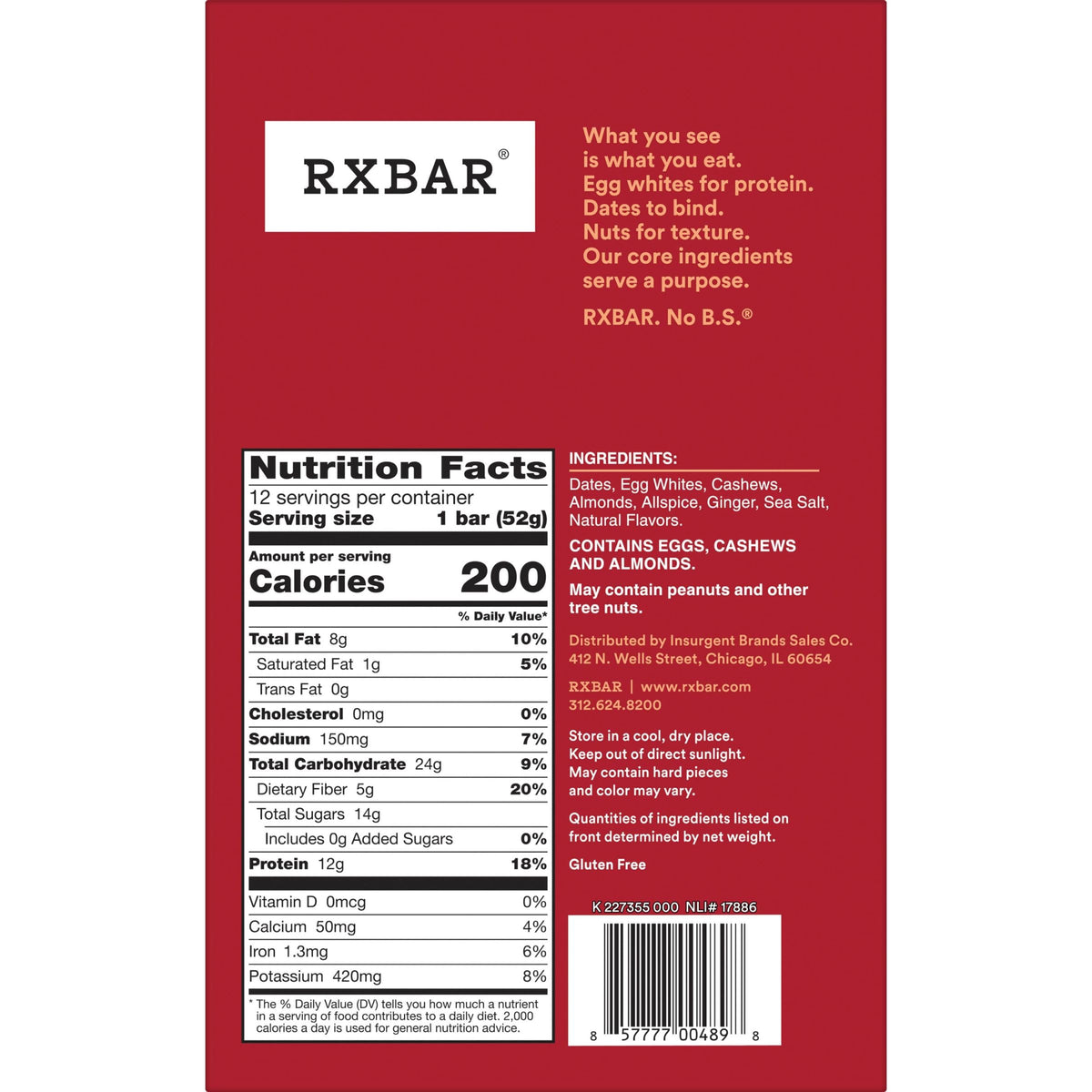 RXBAR Protein Bars, Protein Snack, Snack Bars, Gingerbread, 22oz Box (12 Bars)