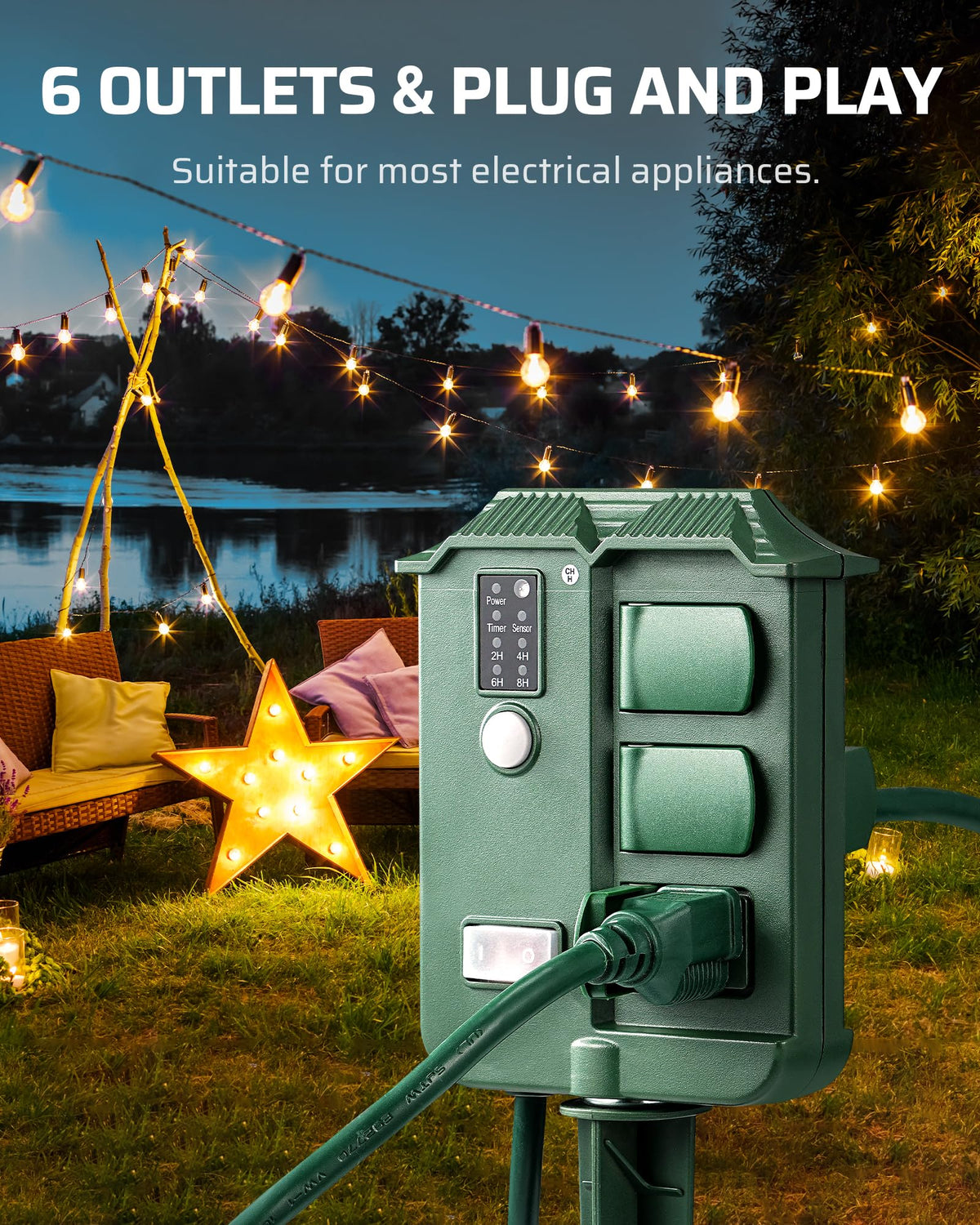 DEWENWILS Outdoor Power Stake Timer for Yard Garden Christmas Decoration Lights, Waterproof, 6 Grounded Outlets,100FT Wireless Remote Control, 6FT Extension Cord, Photocell Dusk to Dawn, UL Listed