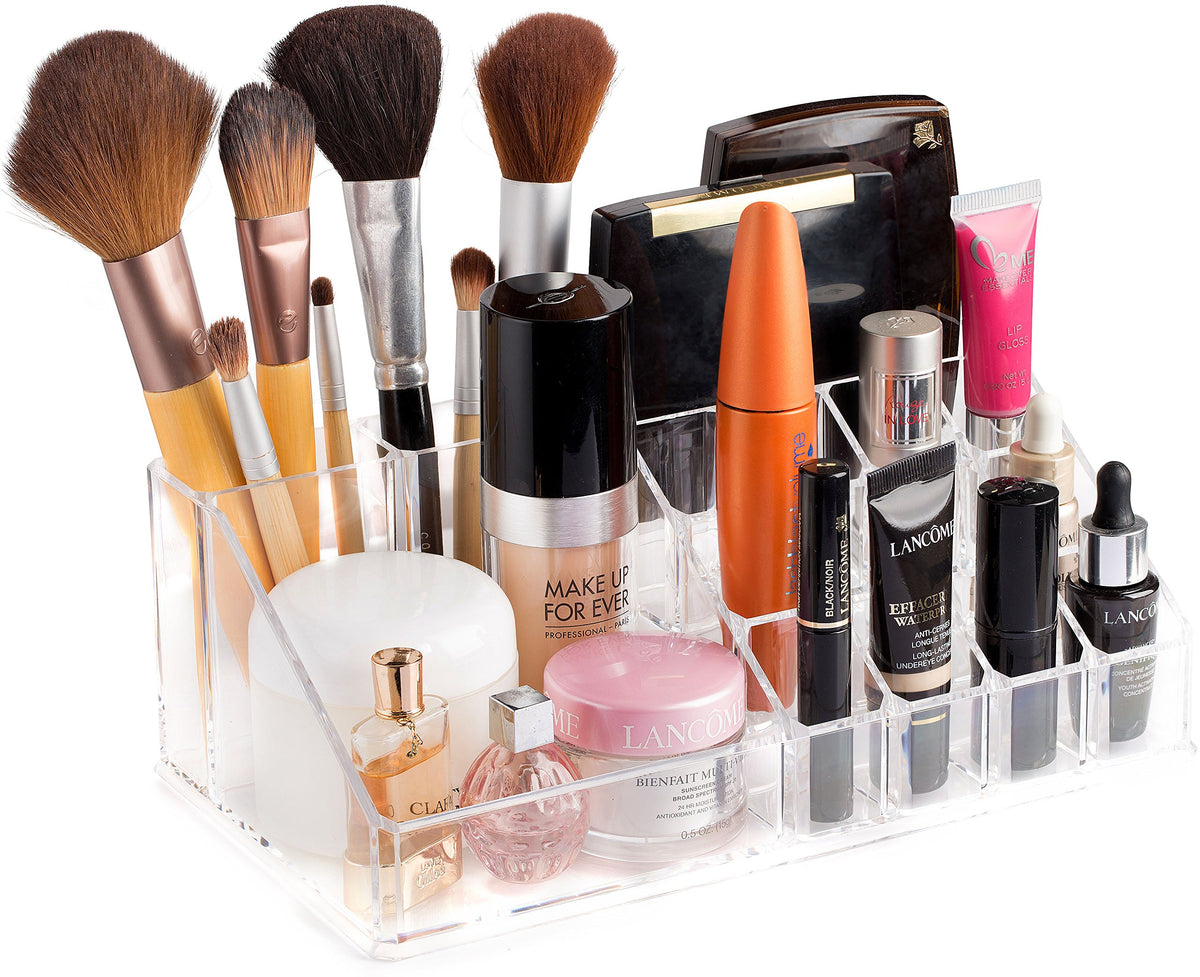 Masirs Clear Makeup Organizer – 16-Compartment Cosmetic and Jewelry Holder, 4-Drawer Vanity Storage, Elegant Clear Design for Makeup and Accessories