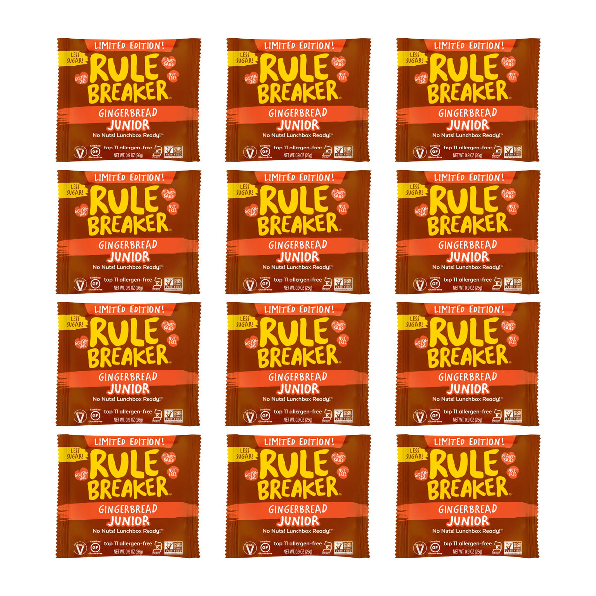 Rule Breaker Snacks Gingerbread Juniors | Top 11 Allergen-Free | Great for School, Office | 12-count Box of Individually Wrapped 0.9-oz Gingerbread