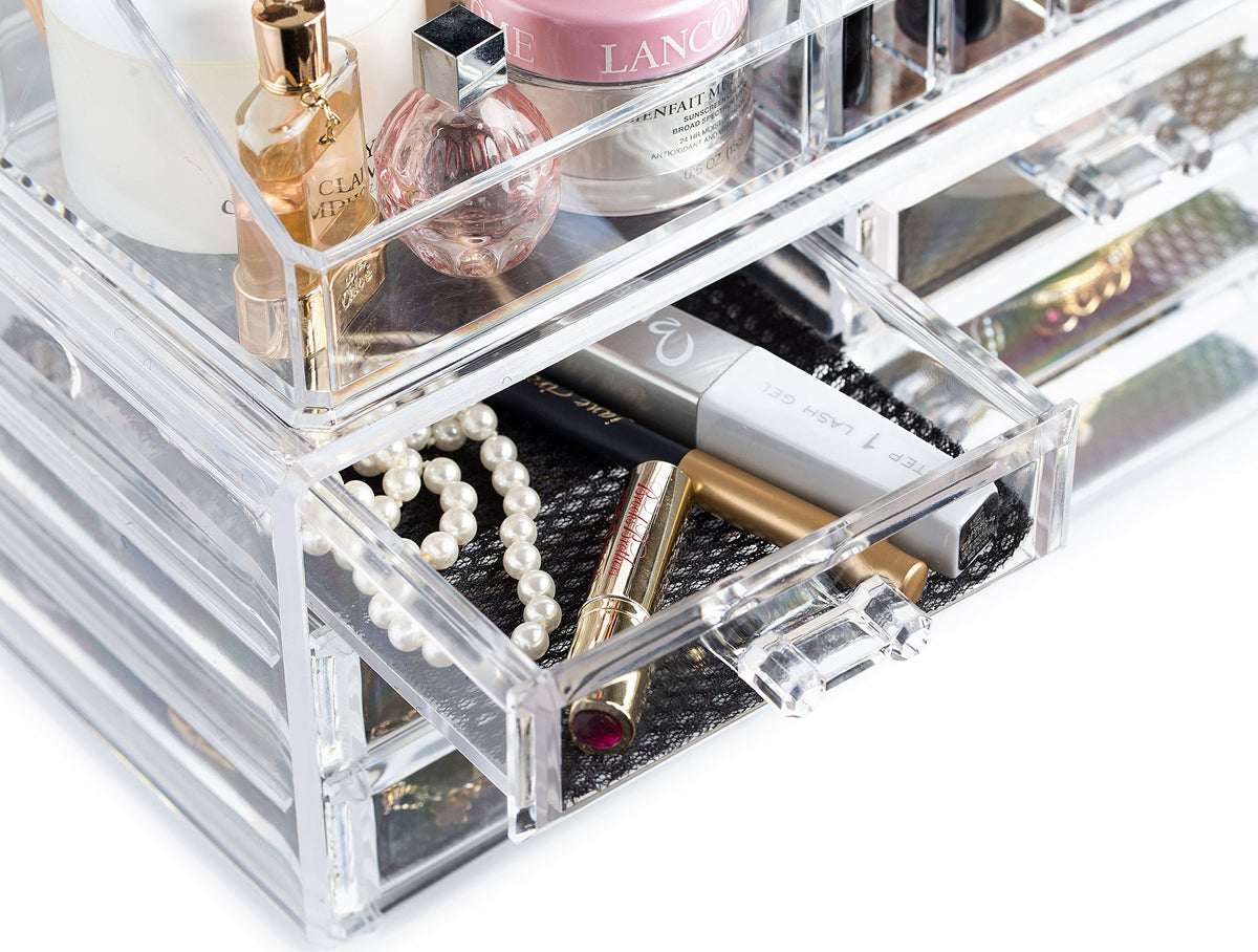 Masirs Clear Makeup Organizer – 16-Compartment Cosmetic and Jewelry Holder, 4-Drawer Vanity Storage, Elegant Clear Design for Makeup and Accessories