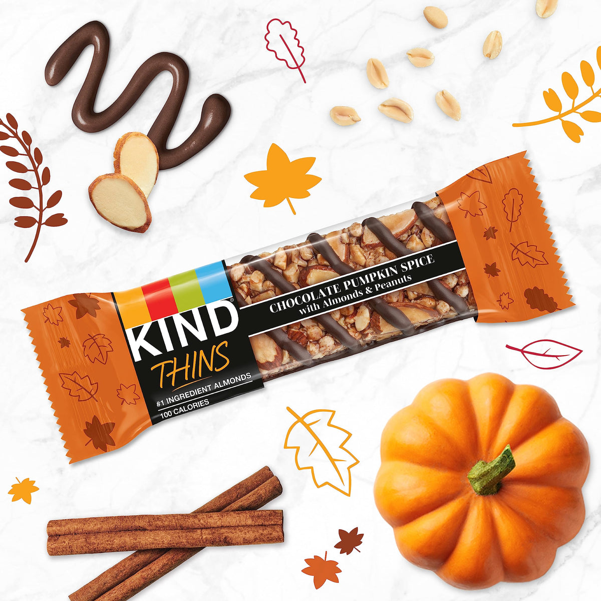KIND Thins Snack Bars, Chocolate Pumpkin Spice, Gluten Free, Low Calorie, Healthy Snacks, 4g Sugar, 10 Count
