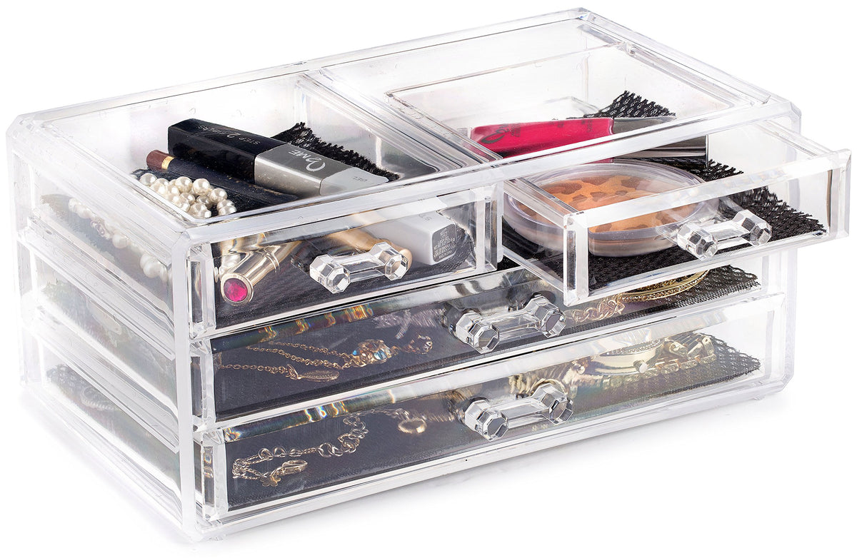 Masirs Clear Makeup Organizer – 16-Compartment Cosmetic and Jewelry Holder, 4-Drawer Vanity Storage, Elegant Clear Design for Makeup and Accessories