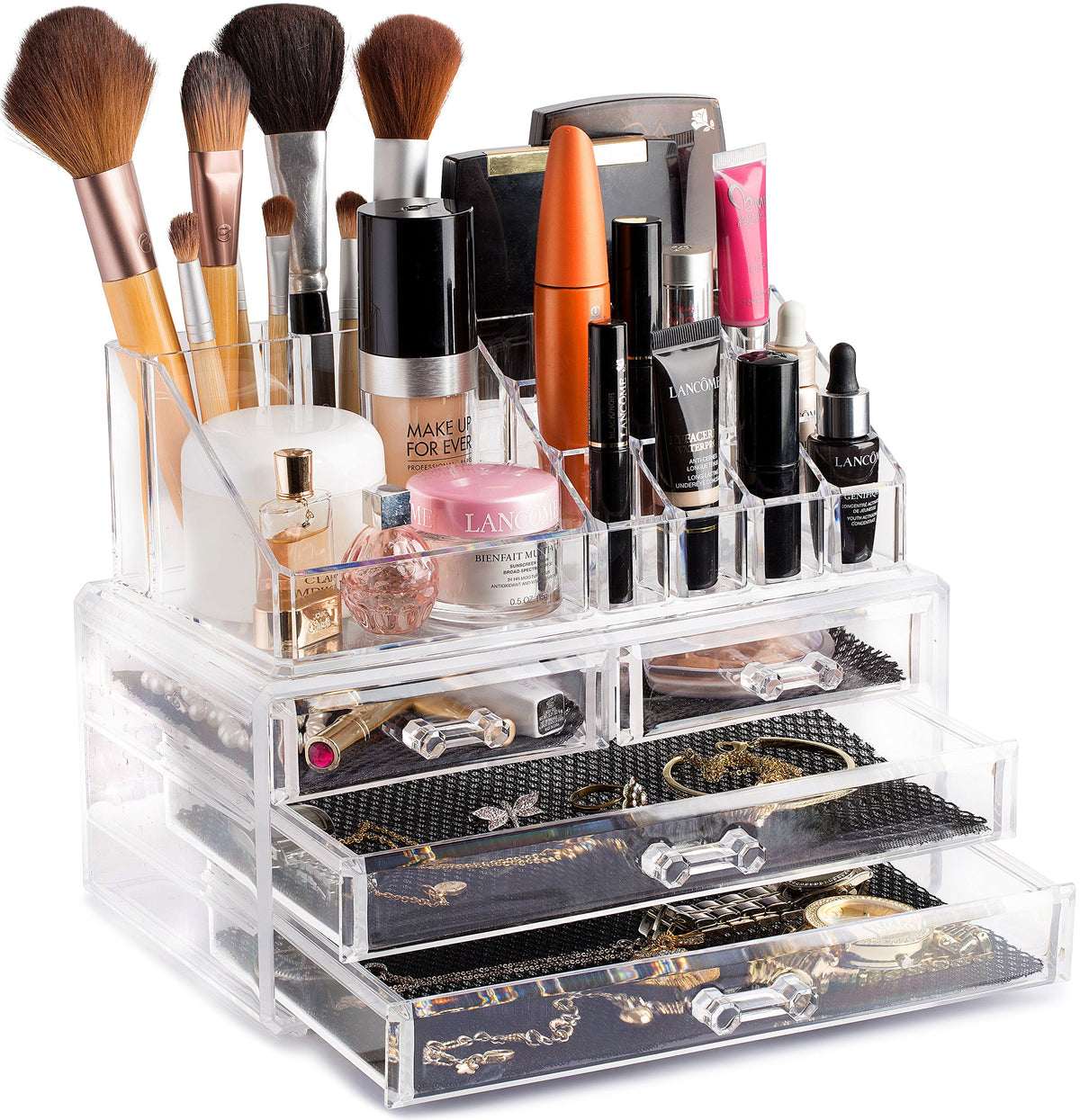 Masirs Clear Makeup Organizer – 16-Compartment Cosmetic and Jewelry Holder, 4-Drawer Vanity Storage, Elegant Clear Design for Makeup and Accessories