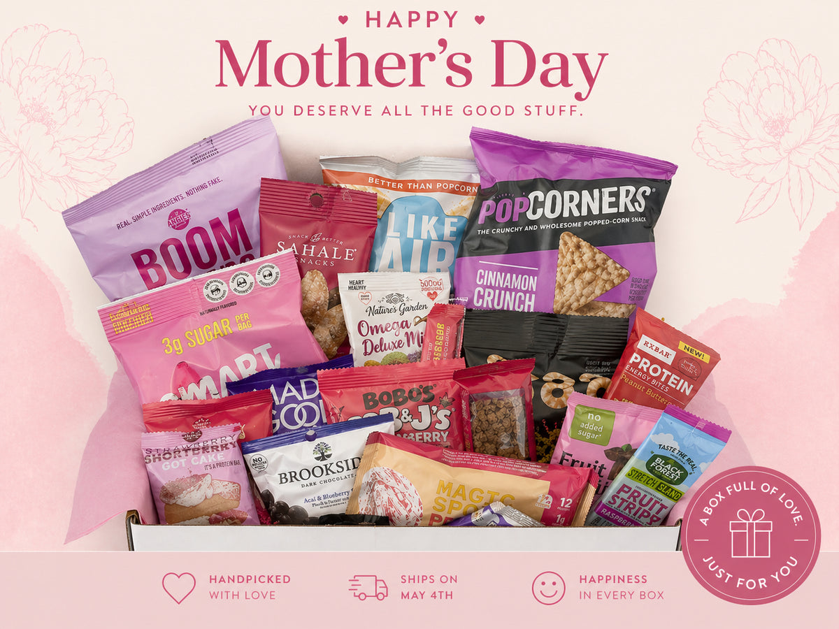 Assorted snack box with colorful packaging on a pink background, featuring 'Happy Mother's Day' text.